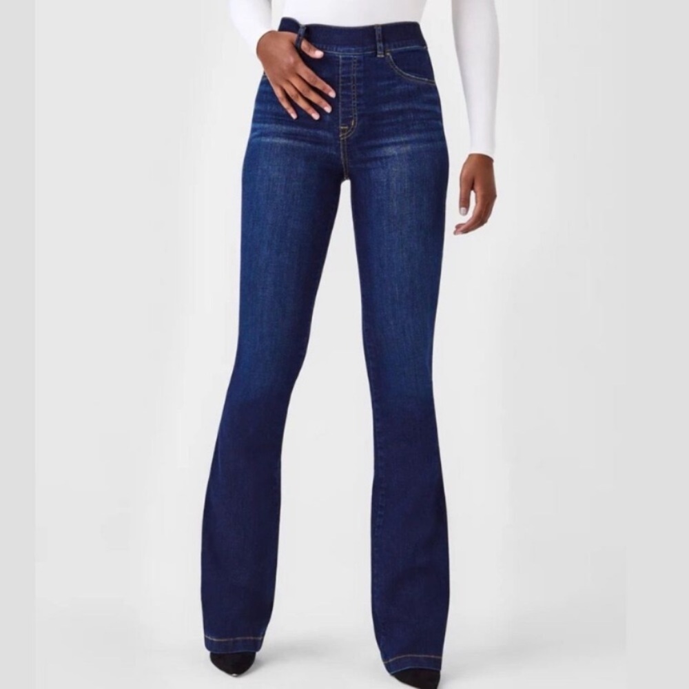 Spanx Jeans Women's Size S Blue Midnight Denim Flare Pull On High Rise Slimming